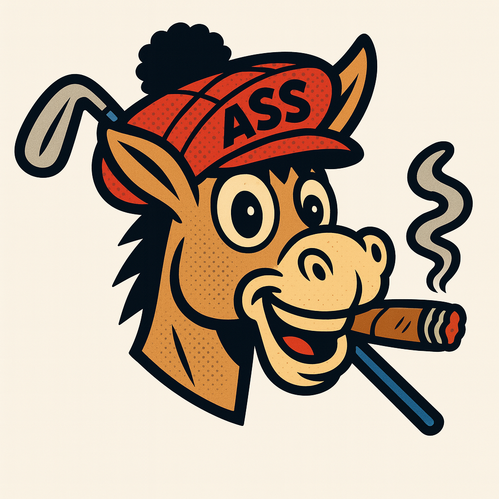 A cartoon donkey in a backwards red 'ASS' cap smoking a cigar, with a golf club behind its ear — the Ass at Golf mascot ChatGPT generated after pulling the brand concept from Stash